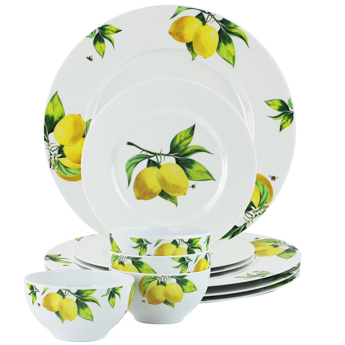 12-Piece Melamine Dinnerware Set for 4, Fresh Lemons