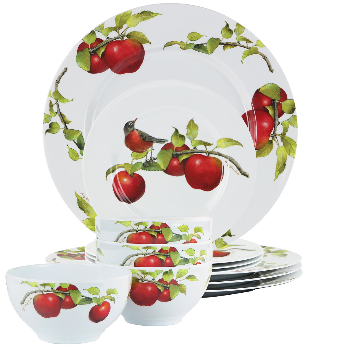 12-Piece Melamine Dinnerware Set for 4, Harvest Apples