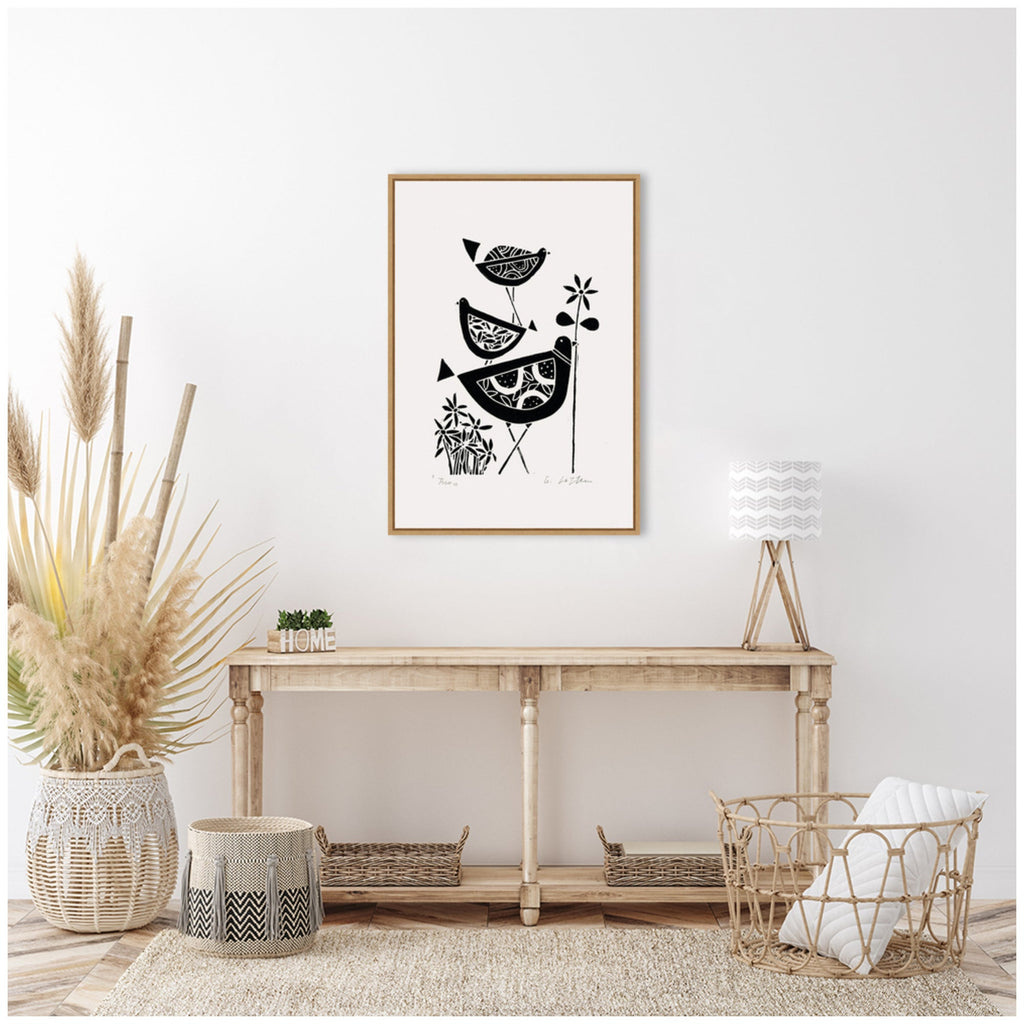 Sylvie Folk Bird Family Trio Linocut Framed Canvas by Giuliana Lazzerini