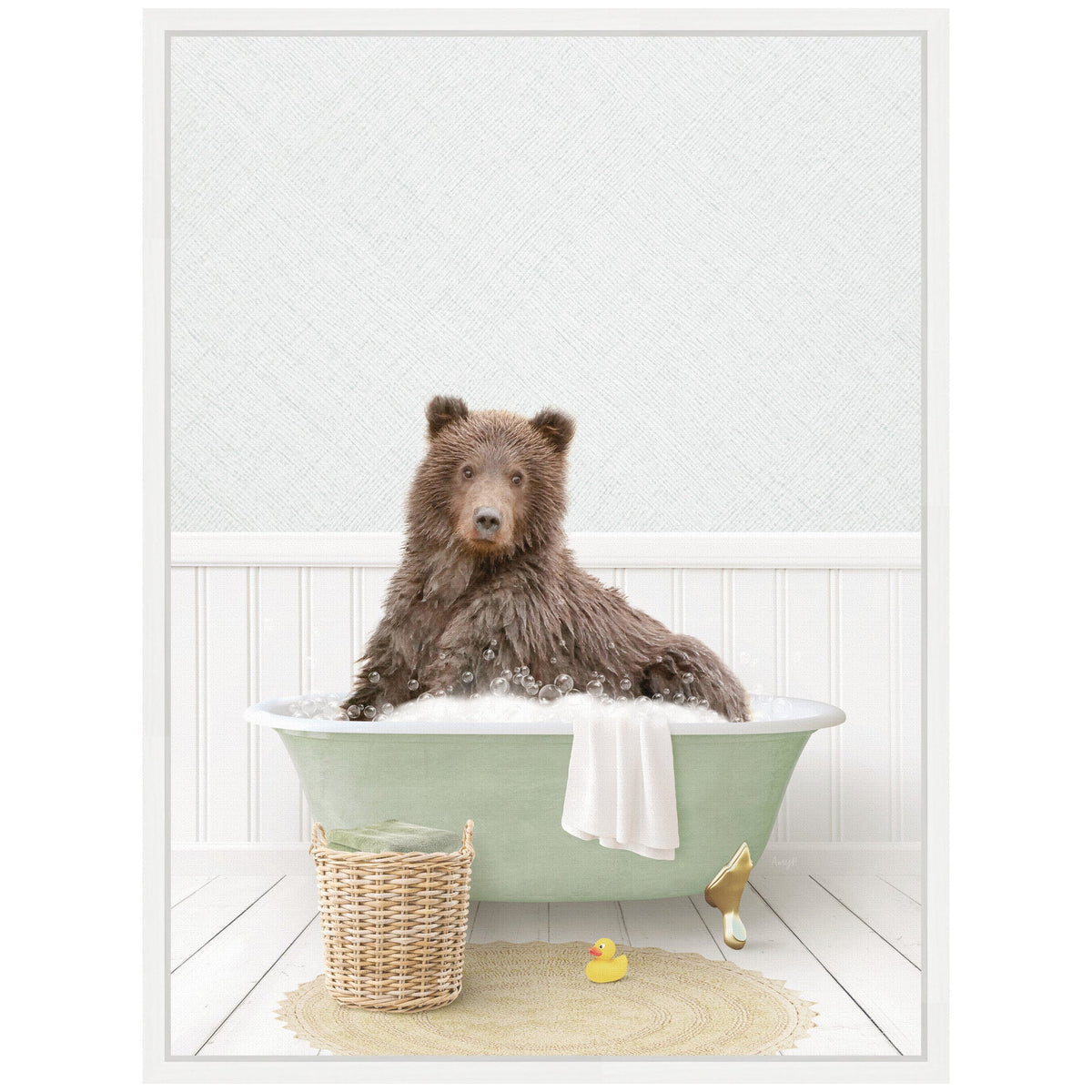 Sylvie Bear in Cottage Green Bath Framed Canvas by Amy Peterson