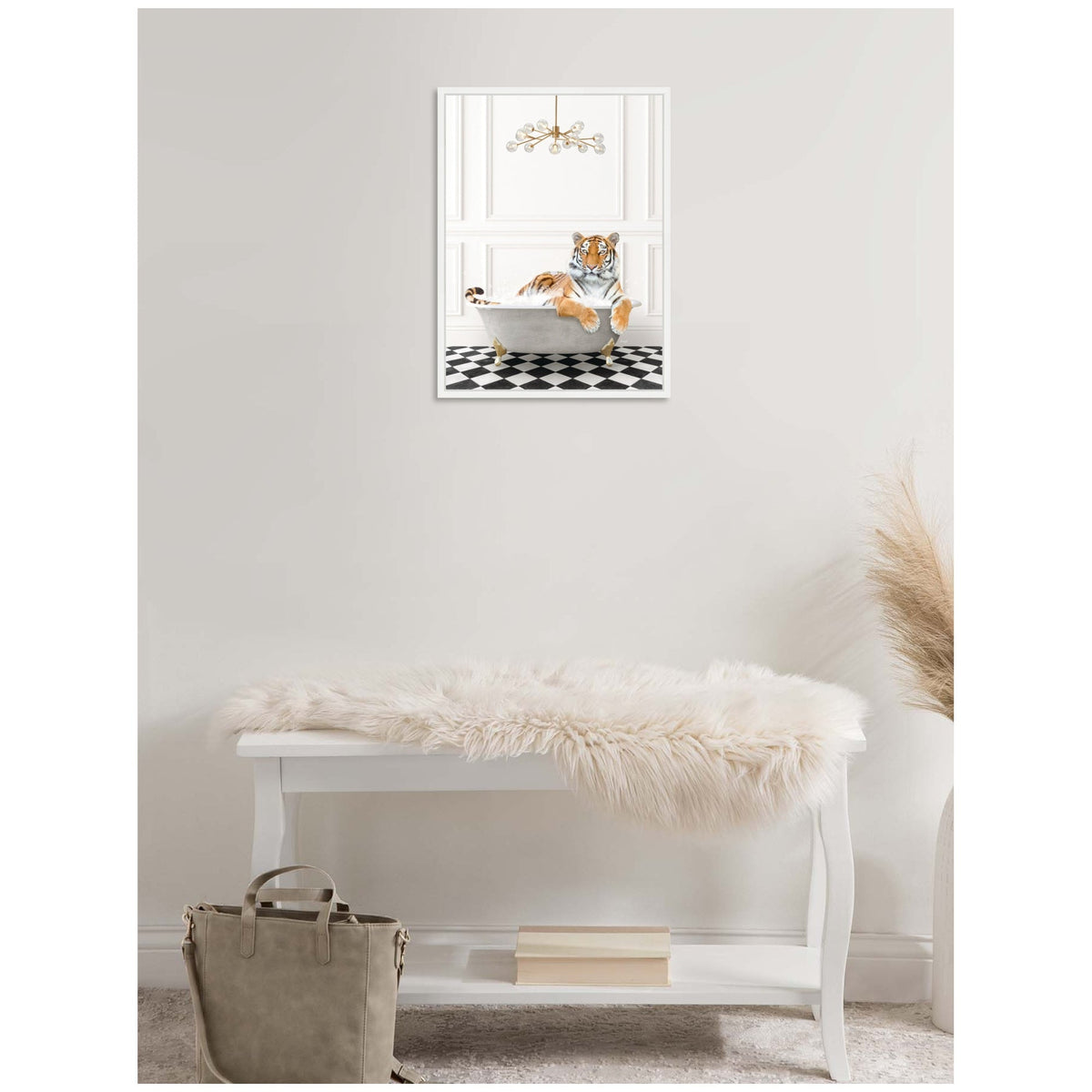 Sylvie Tiger in Gray Bathtub Checker Floor Framed Canvas by Amy Peterson