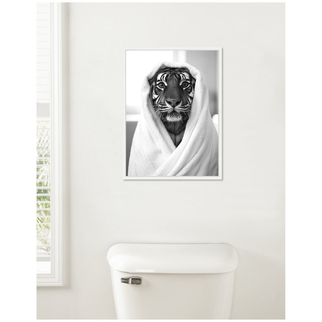 Sylvie Tiger Bathroom Art Towel Robe Black and White Framed Canvas by The Creative Bunch Studio