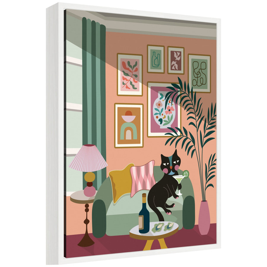 Cocktail Cat by Rachel Lee 3 Birdies Studio Framed Canvas Wall Art Print
