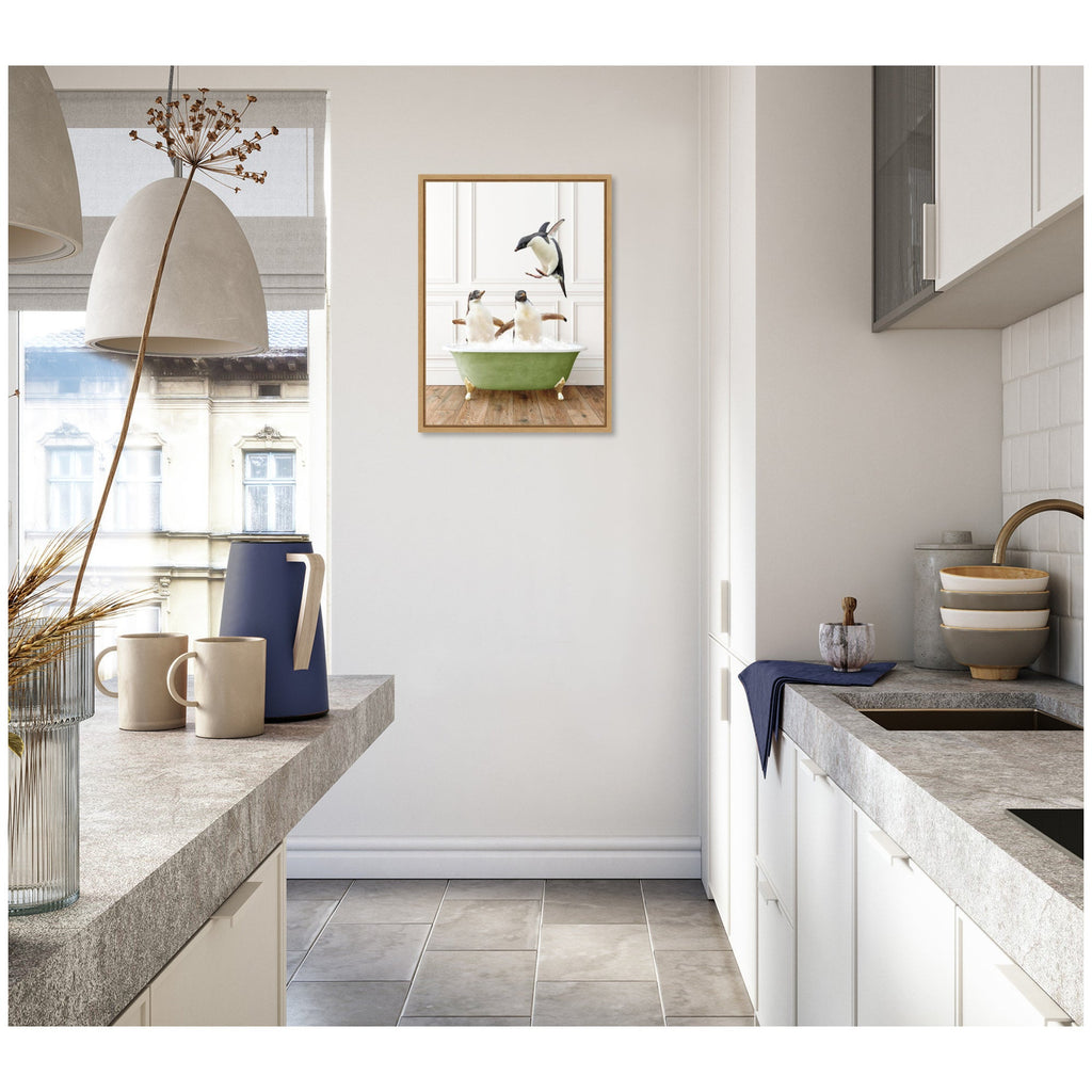 Sylvie Penguins in Transitional Bathtub Framed Canvas by Amy Peterson