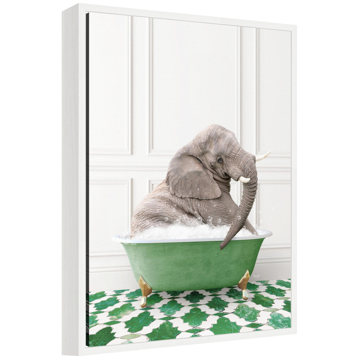 Sylvie Young Elephant in Eclectic Green Panel Wall Bathtub Framed Canvas by Amy Peterson
