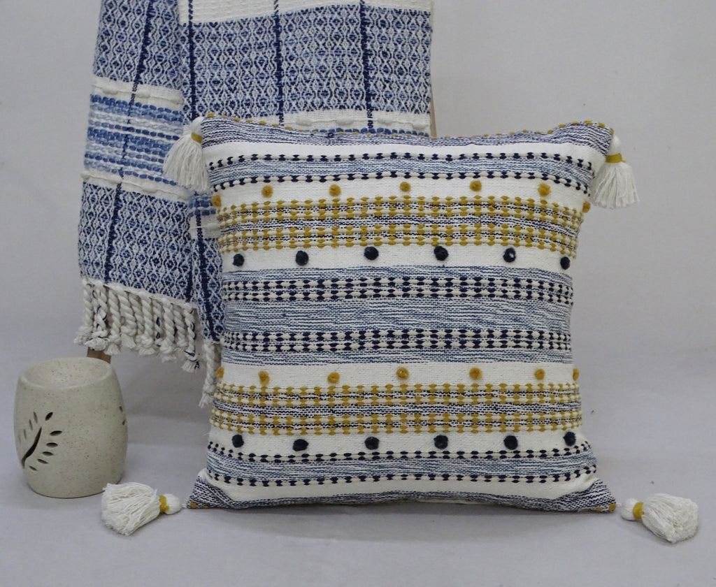 Designer Striped Pillow with Mini Poms and Tassels 20"x20"