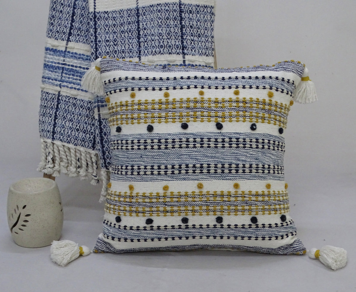 Designer Striped Pillow with Mini Poms and Tassels 20"x20"