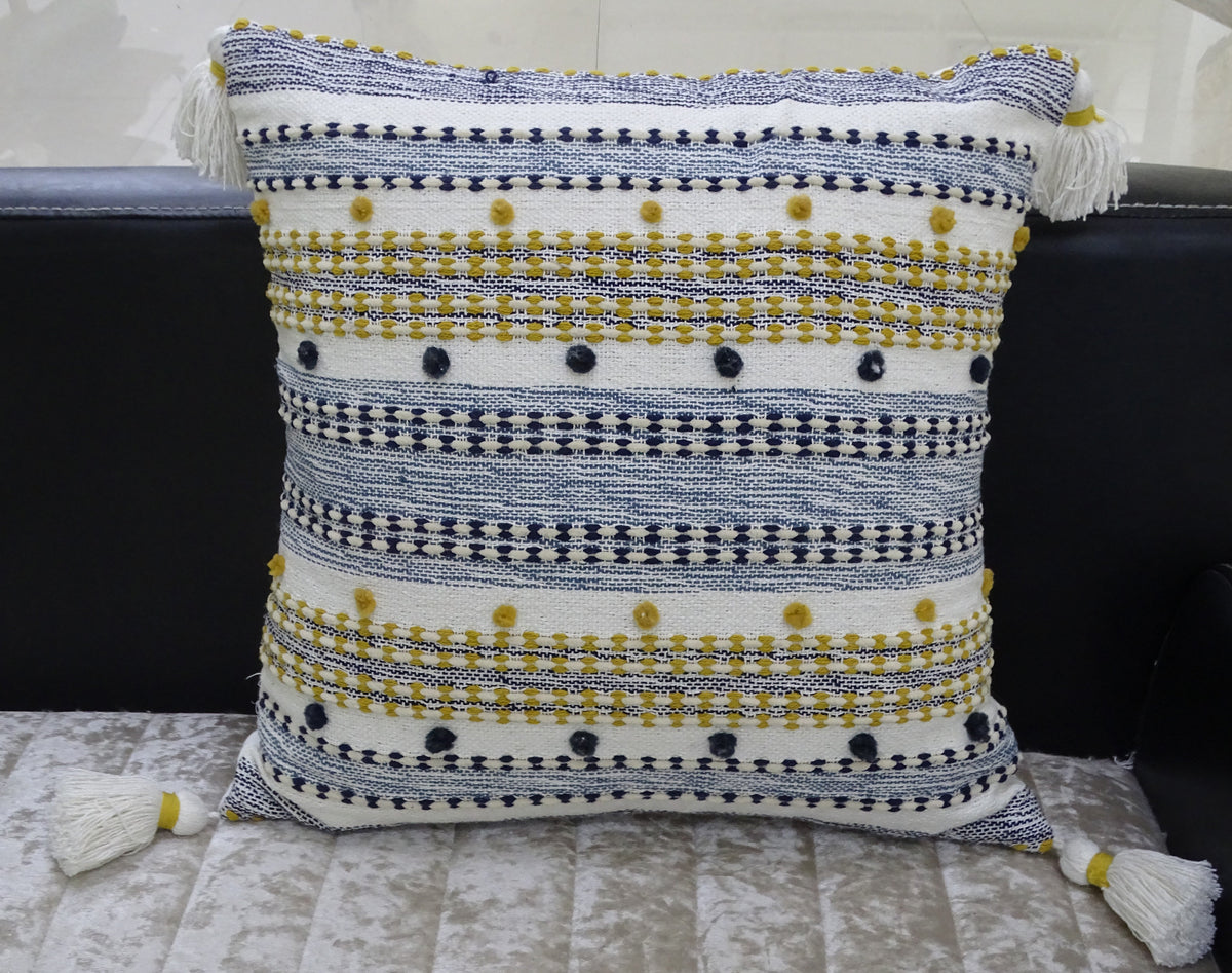 Designer Striped Pillow with Mini Poms and Tassels 20"x20"