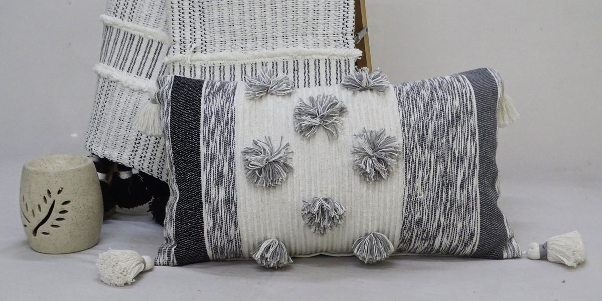 Melange Striped Throw Pillow with Large Poms and Tassels 14"x24"