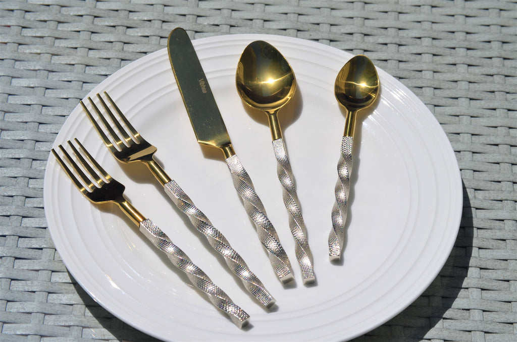 Vibhsa Gold Stainless Steel Flatware Set of 5 PC | Twisted Handle, Service for 1