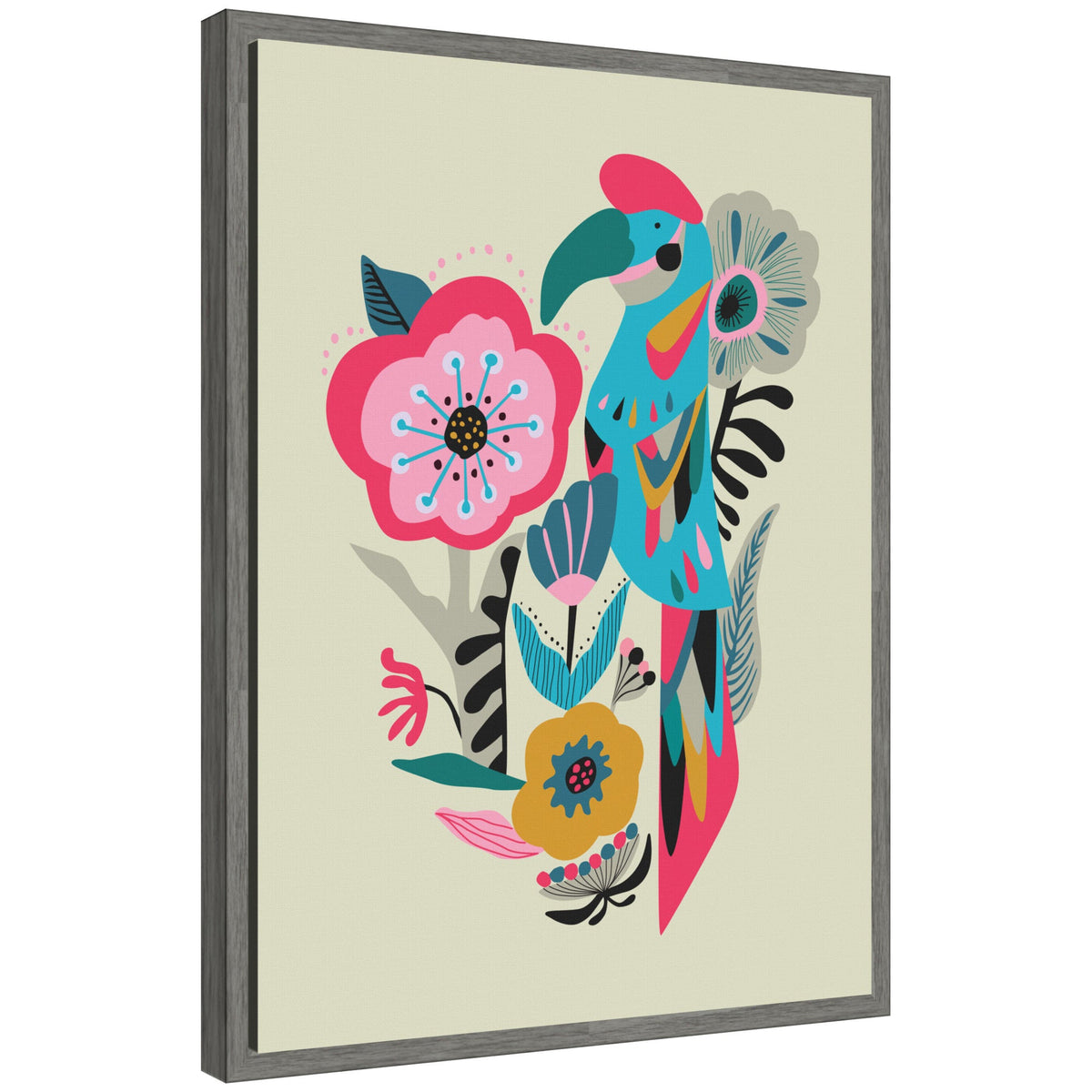 Sylvie Bright Teal and Pink Floral and Parrot Framed Canvas by Rachel Lee