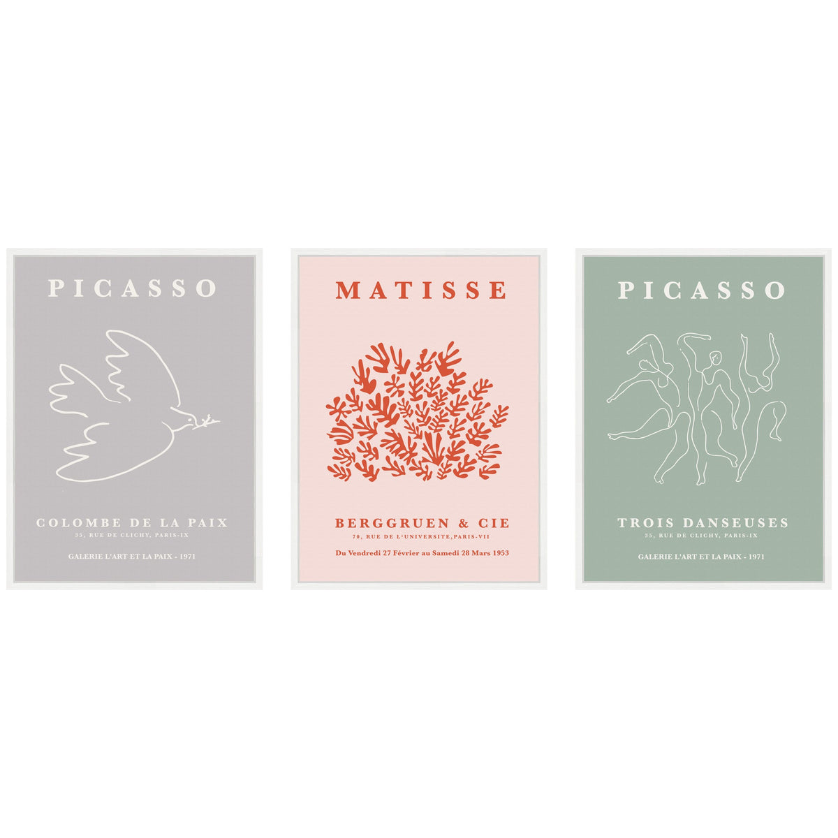 Picasso Inspired Bird & Inspired Dance 3 Piece Framed Canvas Wall Art Set by Gabrielly Guedes