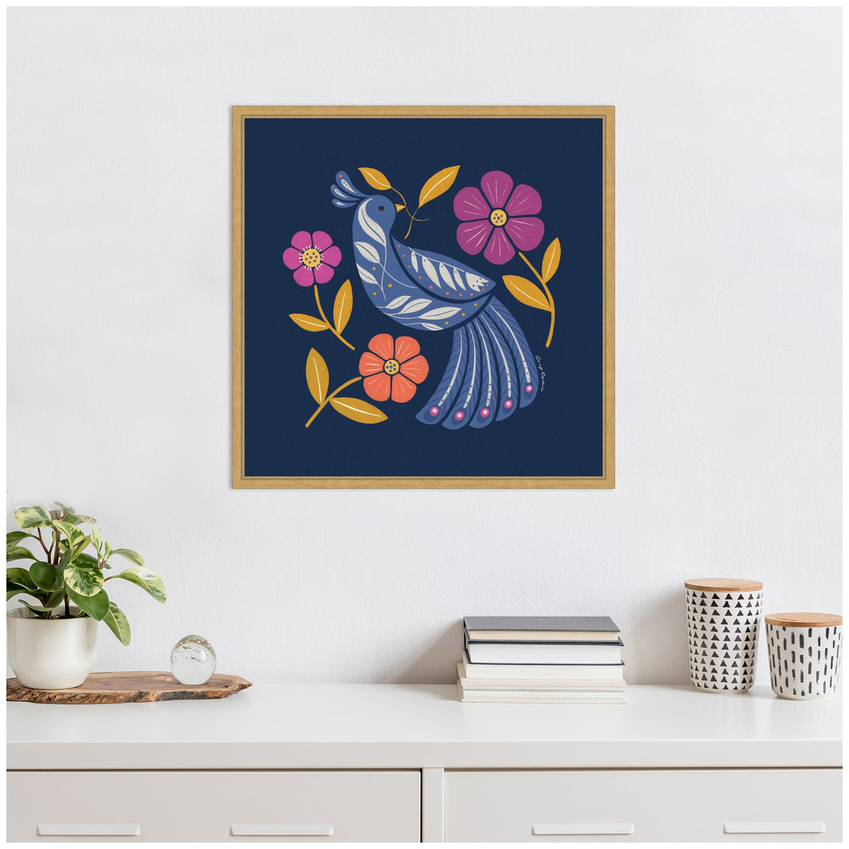 Sylvie Boho Folk Art Bird Blue and Gold Framed Canvas by Carey Copeland