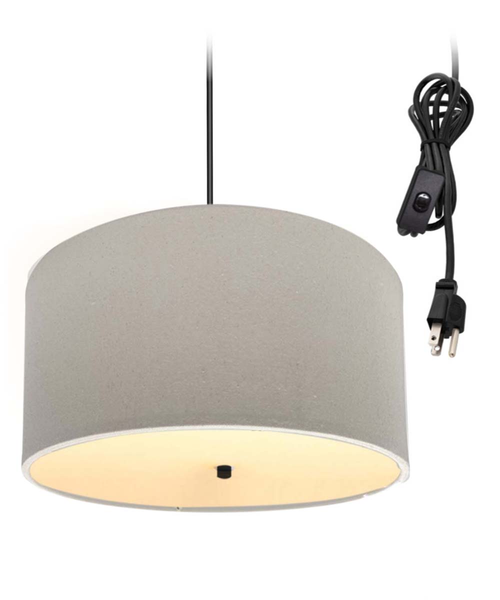 Home Concept 2-Light Plug-In Swag Pendant Light 16"w Light Oatmeal Linen Drum with Diffuser, Black Cord