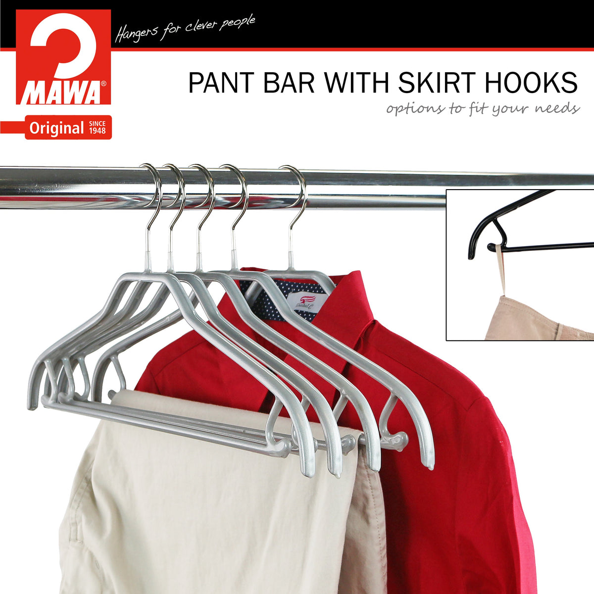 MAWA Silhouette 41-FRS Hanger with Pant Bar & Skirt Hooks, Silver