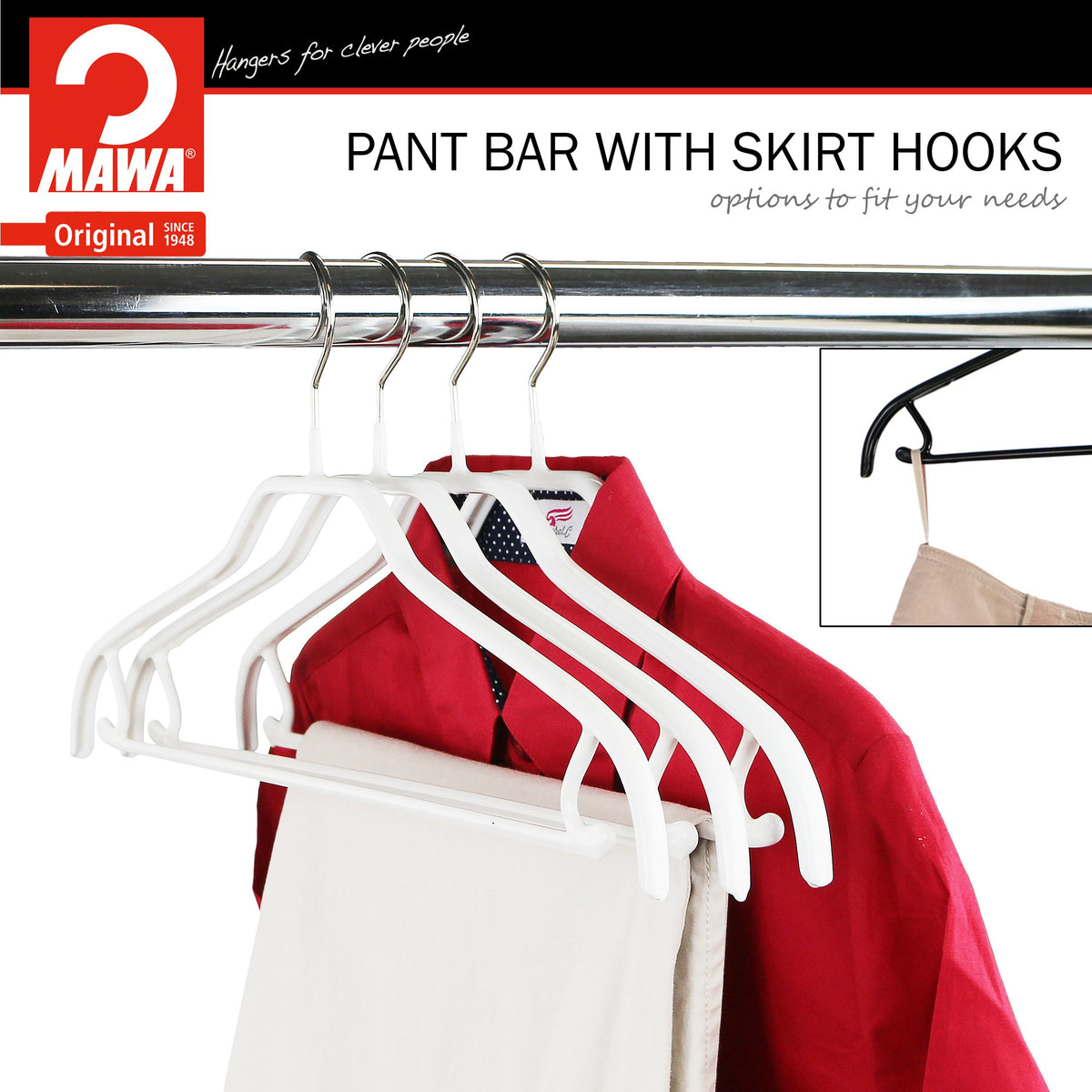 MAWA Silhouette 41-FRS Hanger with Pant Bar & Skirt Hooks, White