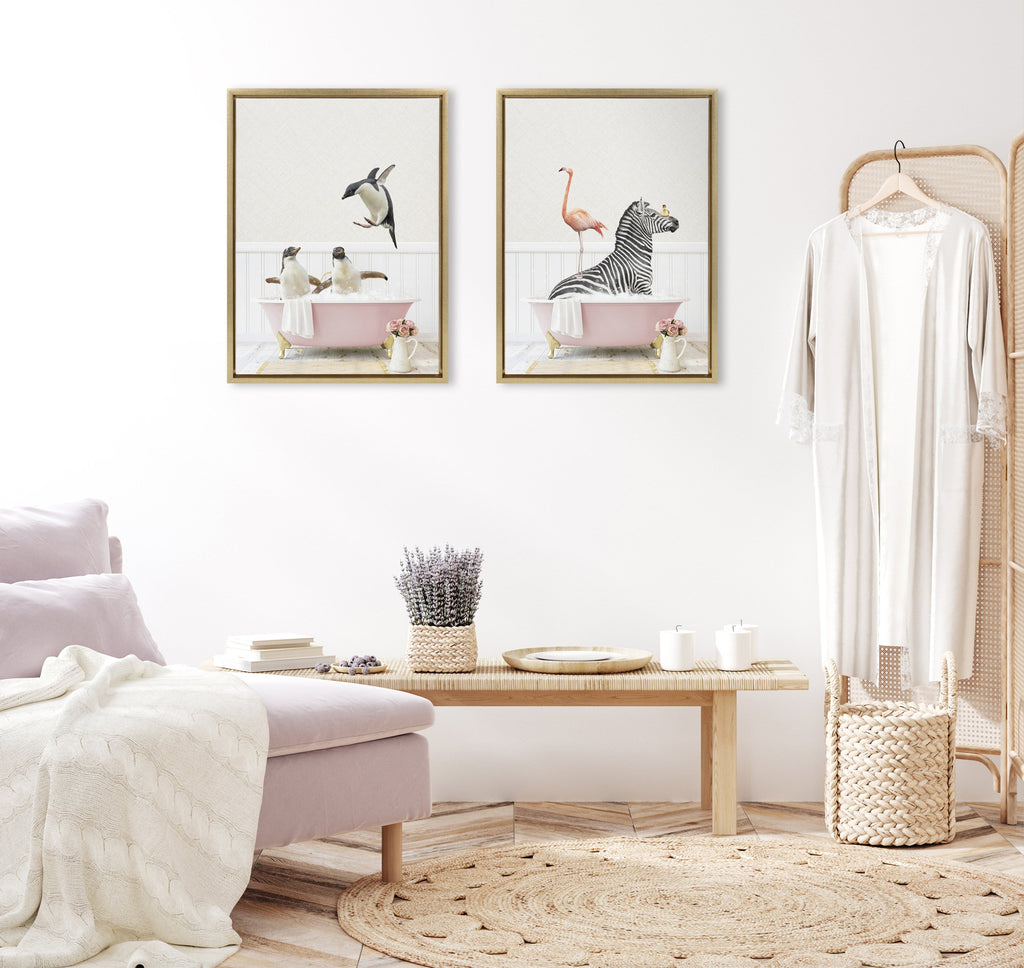 Sylvie Penguins Playing in Cottage Rose Bath Framed Canvas by Amy Peterson Art Studio