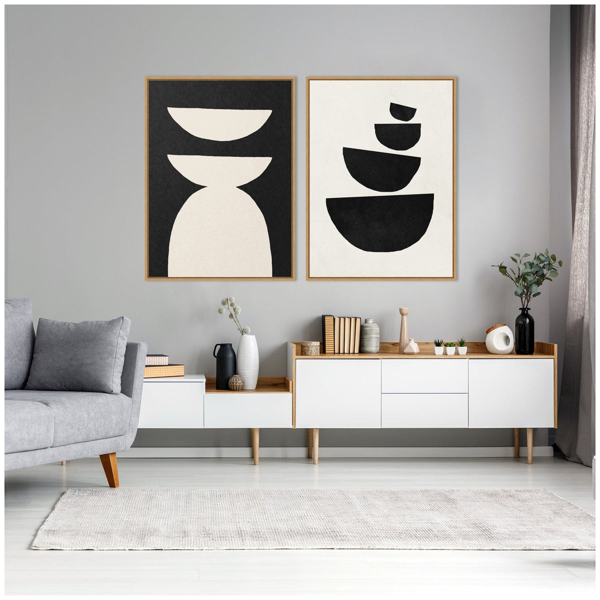 Sylvie White Geometric Abstract and Black Geometric Abstract Framed Canvas Art Set of 2 by July Art Prints
