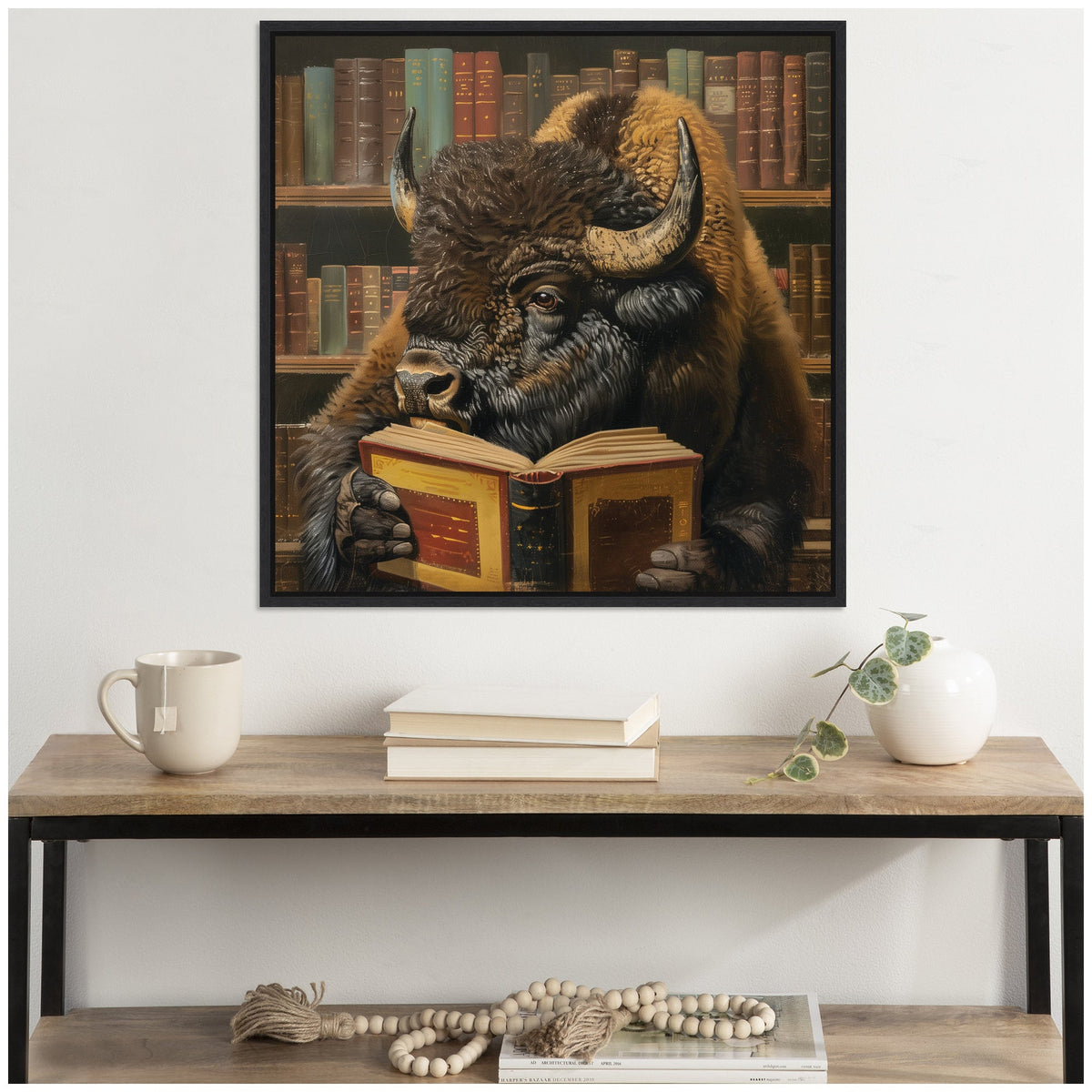 Sylvie Traditional Buffalo Reading in Library Framed Canvas by The Creative Bunch Studio