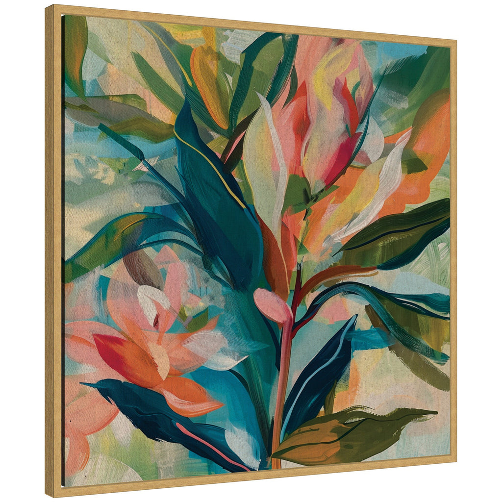 Sylvie Colorful Tropic Botanical Abstract Neutral Linen Framed Canvas by The Creative Bunch Studio