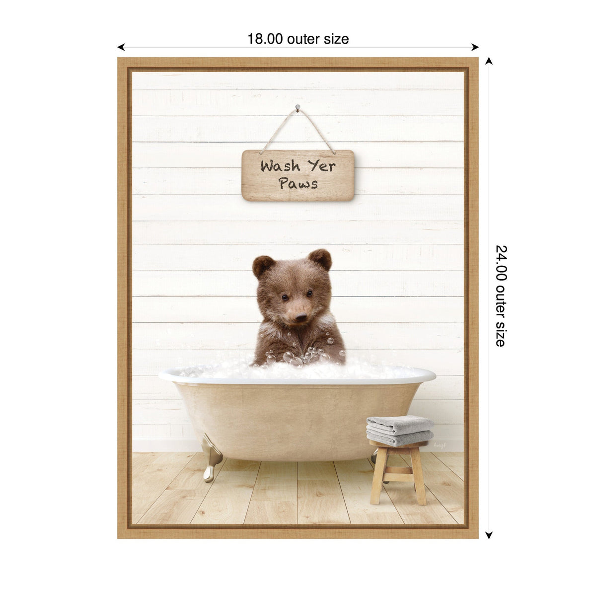 Sylvie Bear Cub in Modern Bathtub Wash Your Paws Framed Canvas by Amy Peterson
