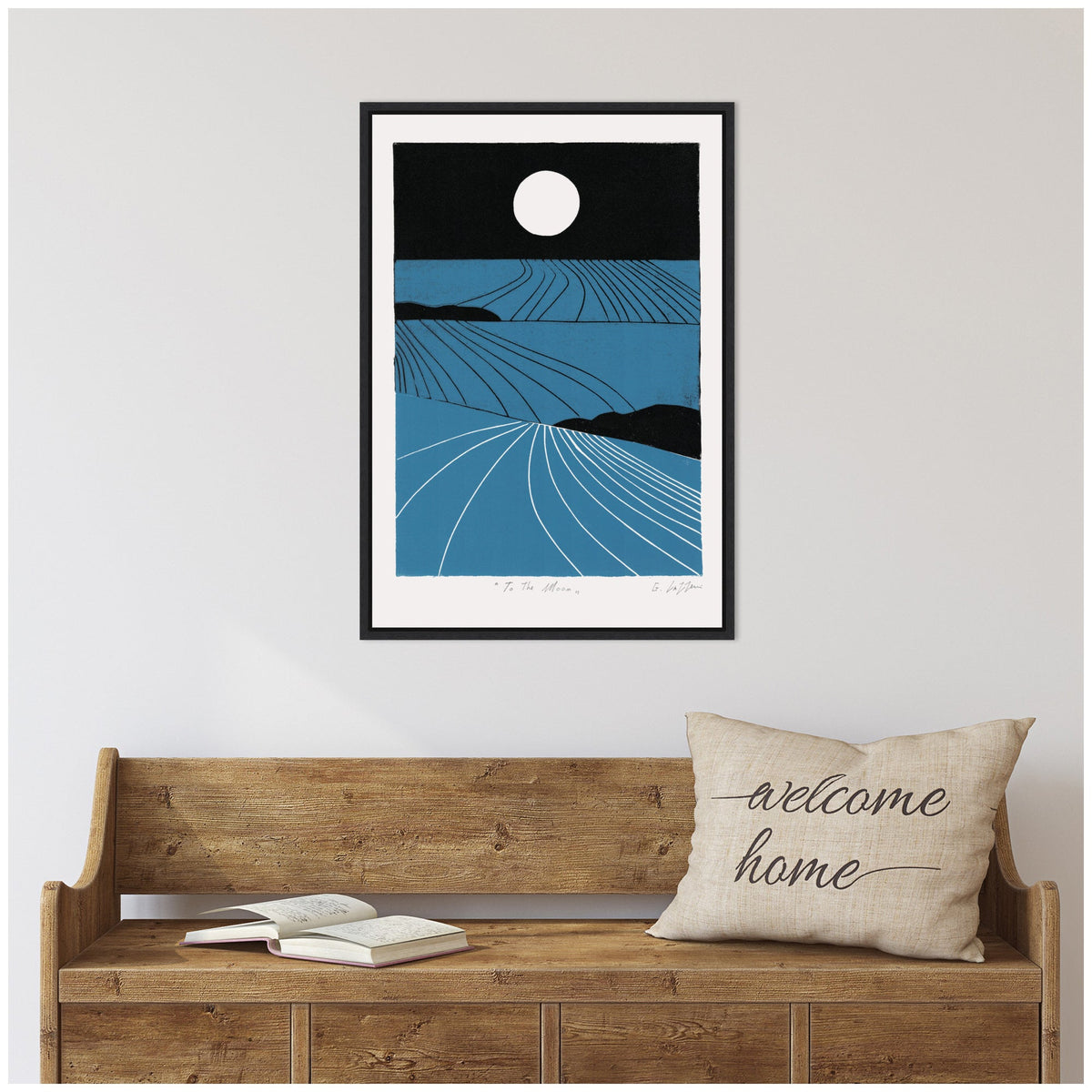 Sylvie Folk To The Moon Linocut Framed Canvas by Giuliana Lazzerini