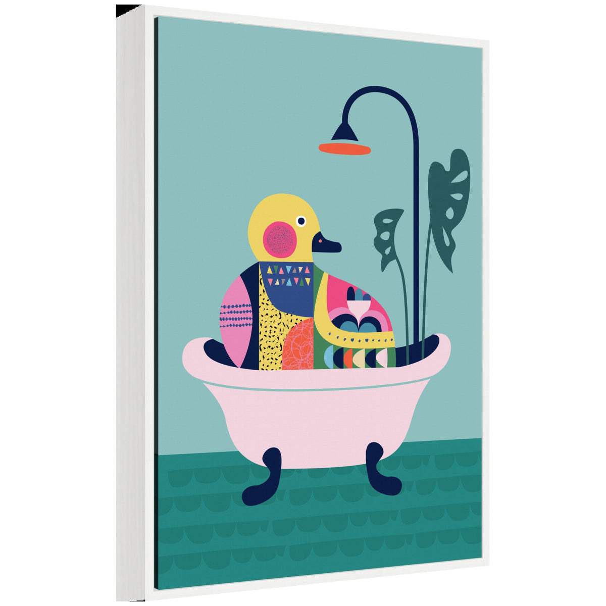 Sylvie Modern Teal Little Duckie in Bathtub Framed Canvas by Rachel Lee