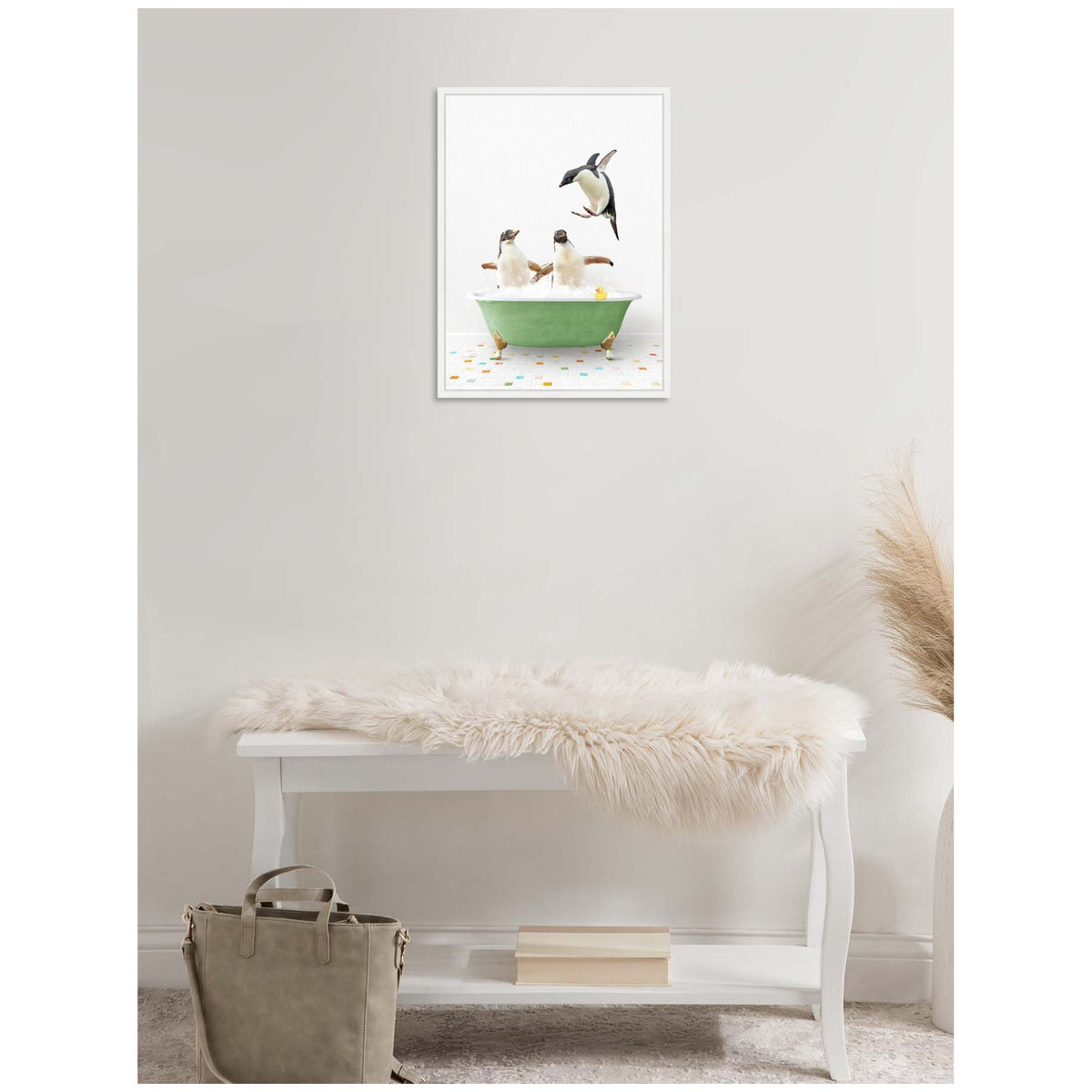 Sylvie Penguins in Green Bathtub on Colored Tile Framed Canvas by Amy Peterson