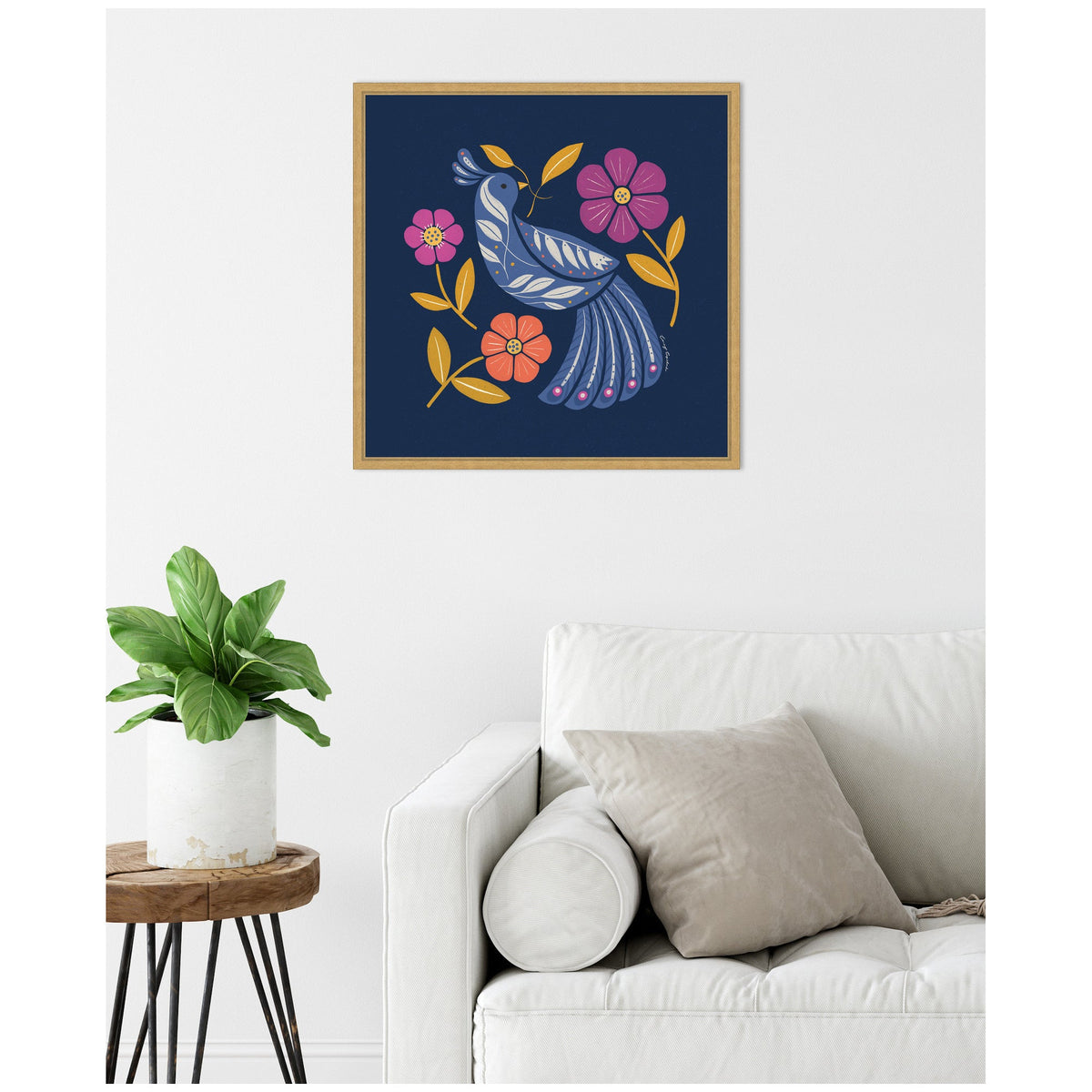 Sylvie Boho Folk Art Bird Blue and Gold Framed Canvas by Carey Copeland