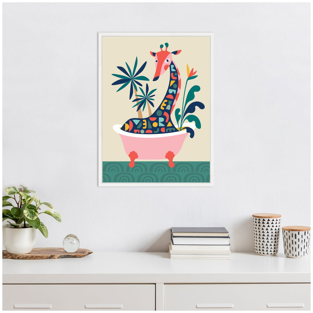 Sylvie MCM Giraffe in Bathtub Framed Canvas by Rachel Lee