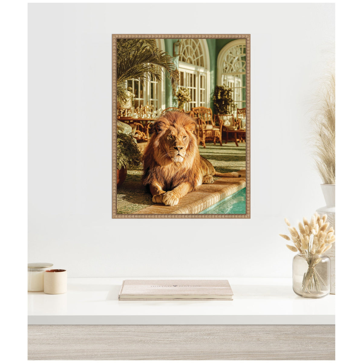 Majestic Lion by the Pool by Michael Schauer Framed Canvas Wall Art Print