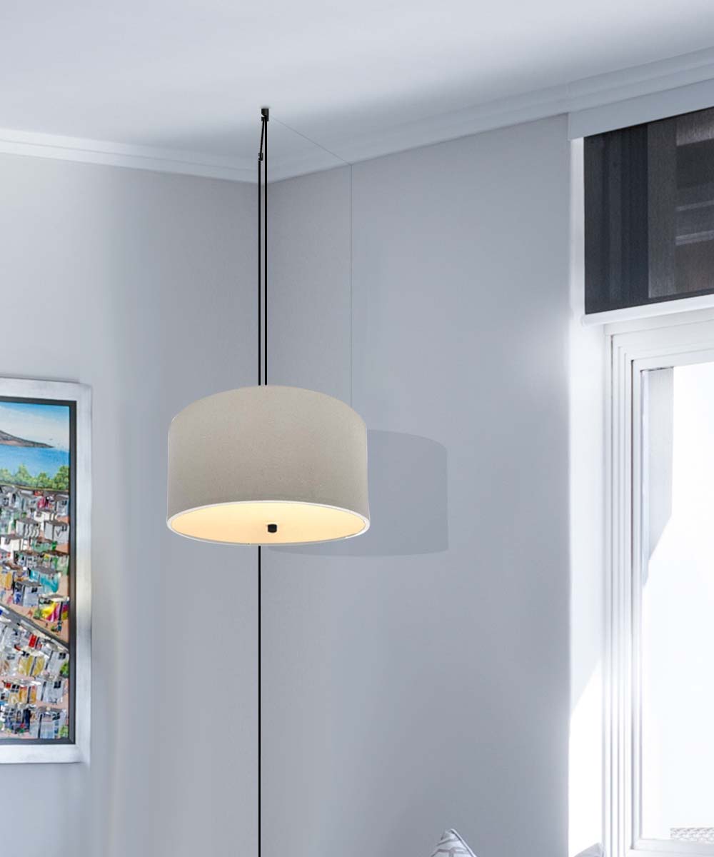 Home Concept 2-Light Plug-In Swag Pendant Light 16"w Light Oatmeal Linen Drum with Diffuser, Black Cord