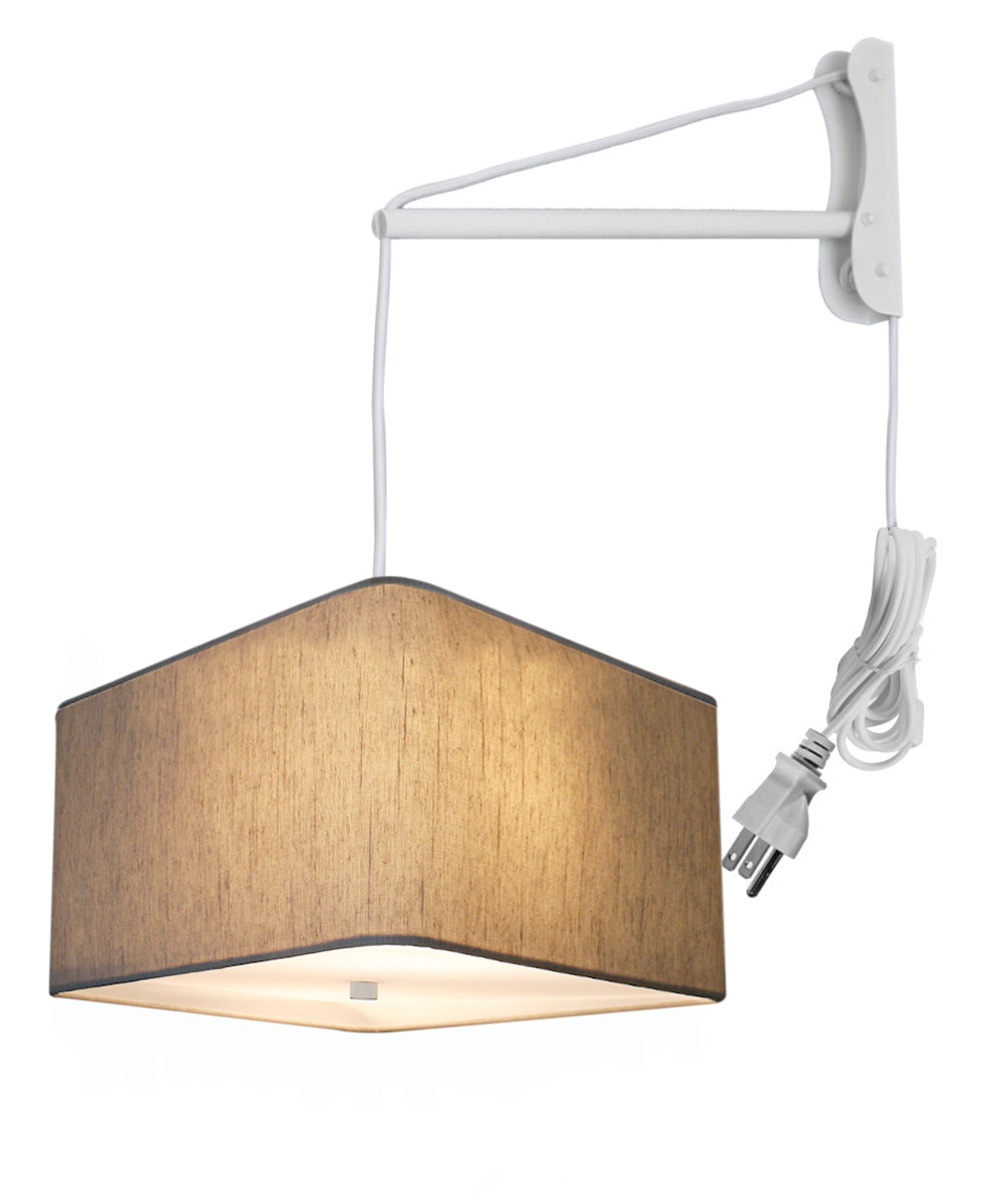 Home Concept MAST Plug-In Wall-Mount Pendant Light, 2-Light White Cord/Arm with Diffuser, Rounded Corner Square Oatmeal Drum Shade 14"W