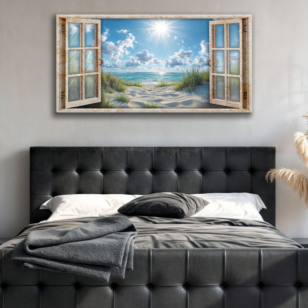 Morning Beach Window Scenery Canvas Wall Art