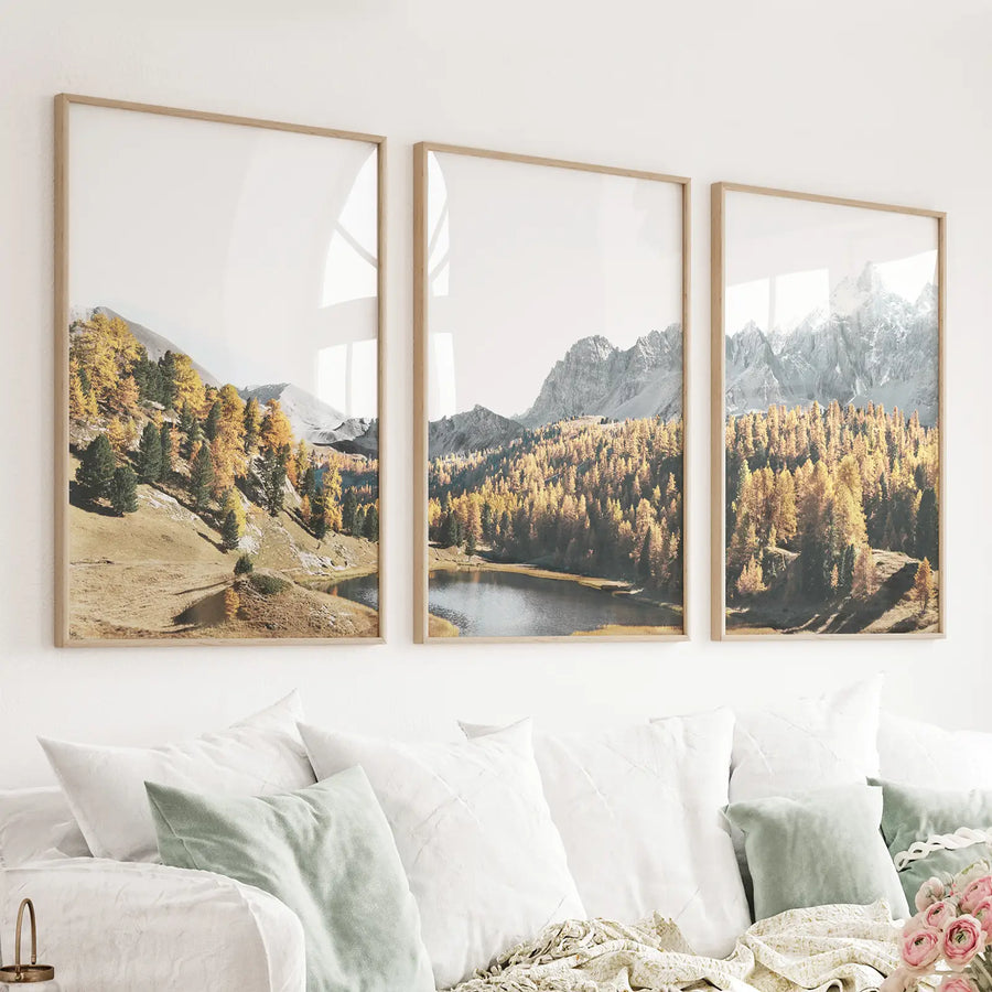 Mountain Lake Set of 3. Alpine Landscape, Autumn Forest, Peaks