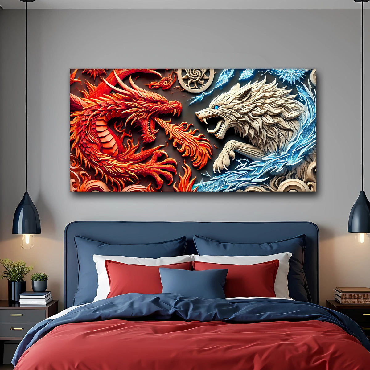 Dragon and Wolf Canvas Wall Art V