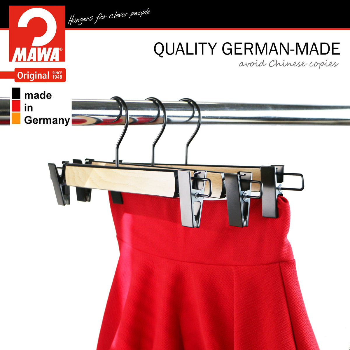 MAWA Bi-Color Classic/45 Beech Wood Hanger with Pant Bar Clips, Black Hook
