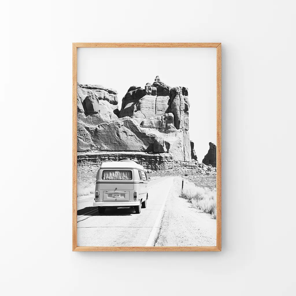 Black White Van Camper Poster. Utah National Park Wall Art