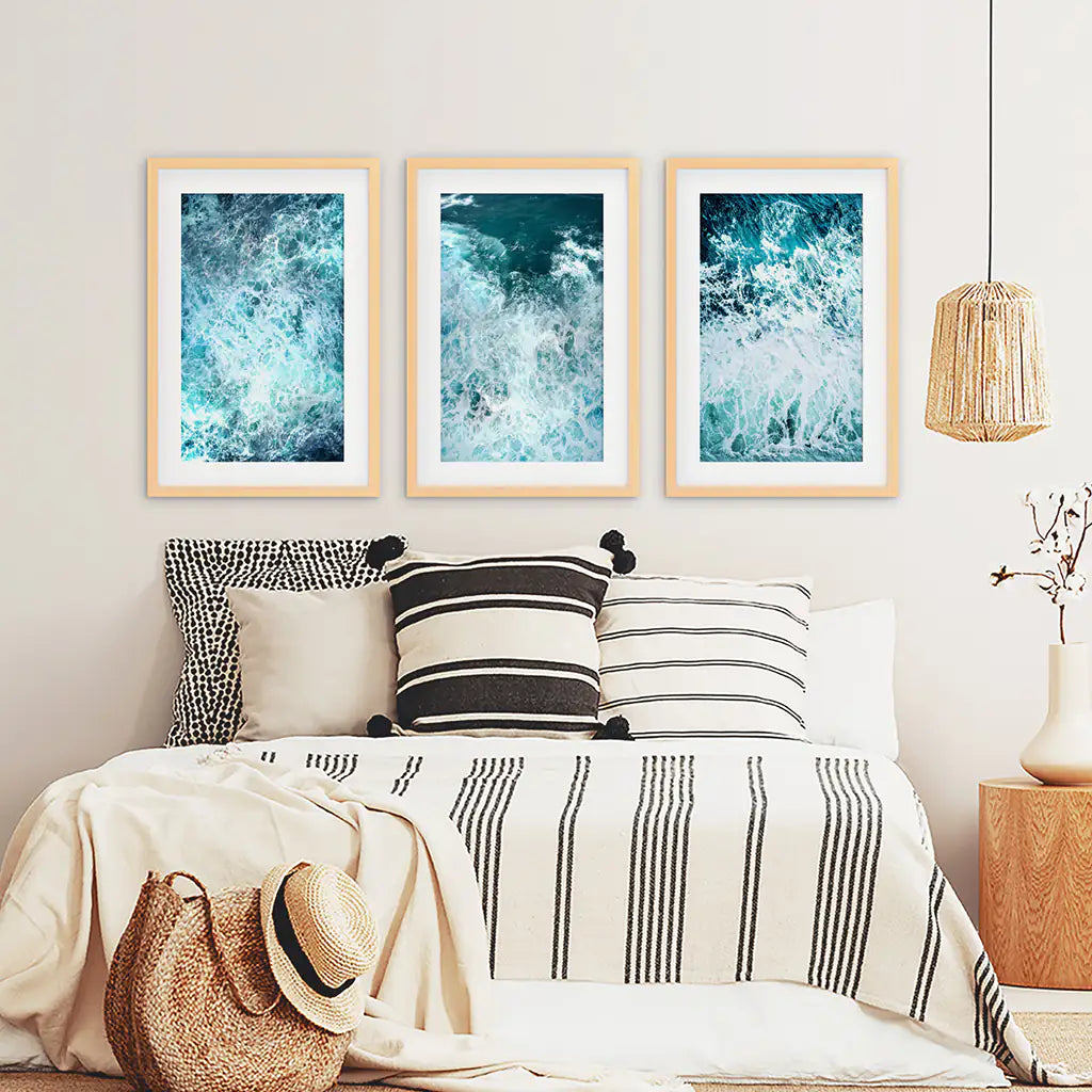 3 Piece Blue Minimalist Ocean Waves Large Wall Decor