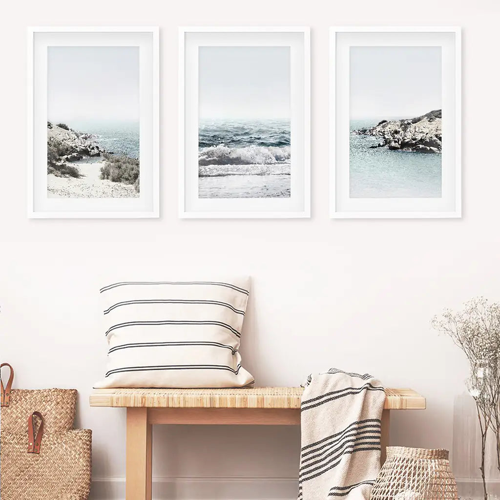 3 Piece Coastal Seascape Set. Blue Waves, Rocky Beach