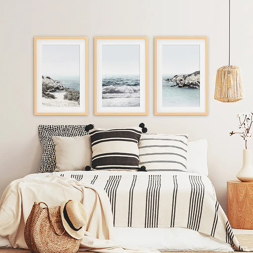 3 Piece Coastal Seascape Set. Blue Waves, Rocky Beach