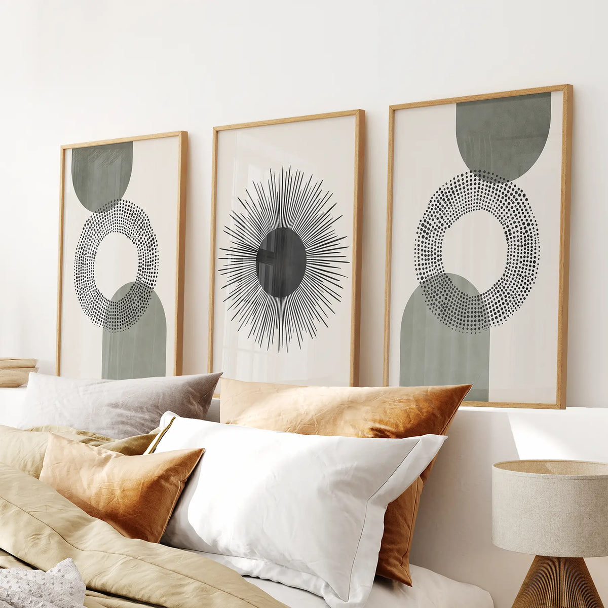 Set of 3 Boho Prints. Sage Green Modern Mid Century Wall Art.