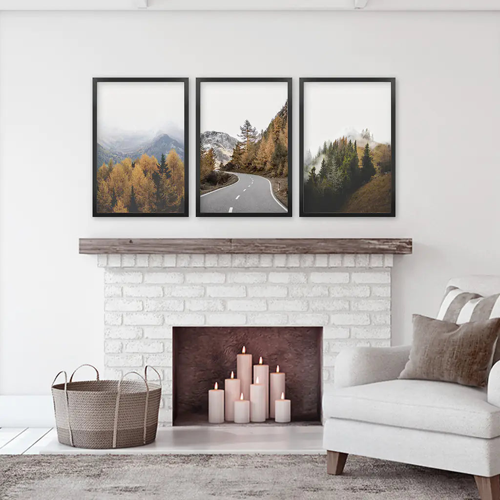 Brown Autumn Mountain Forest Scenery. Set of 3 Prints
