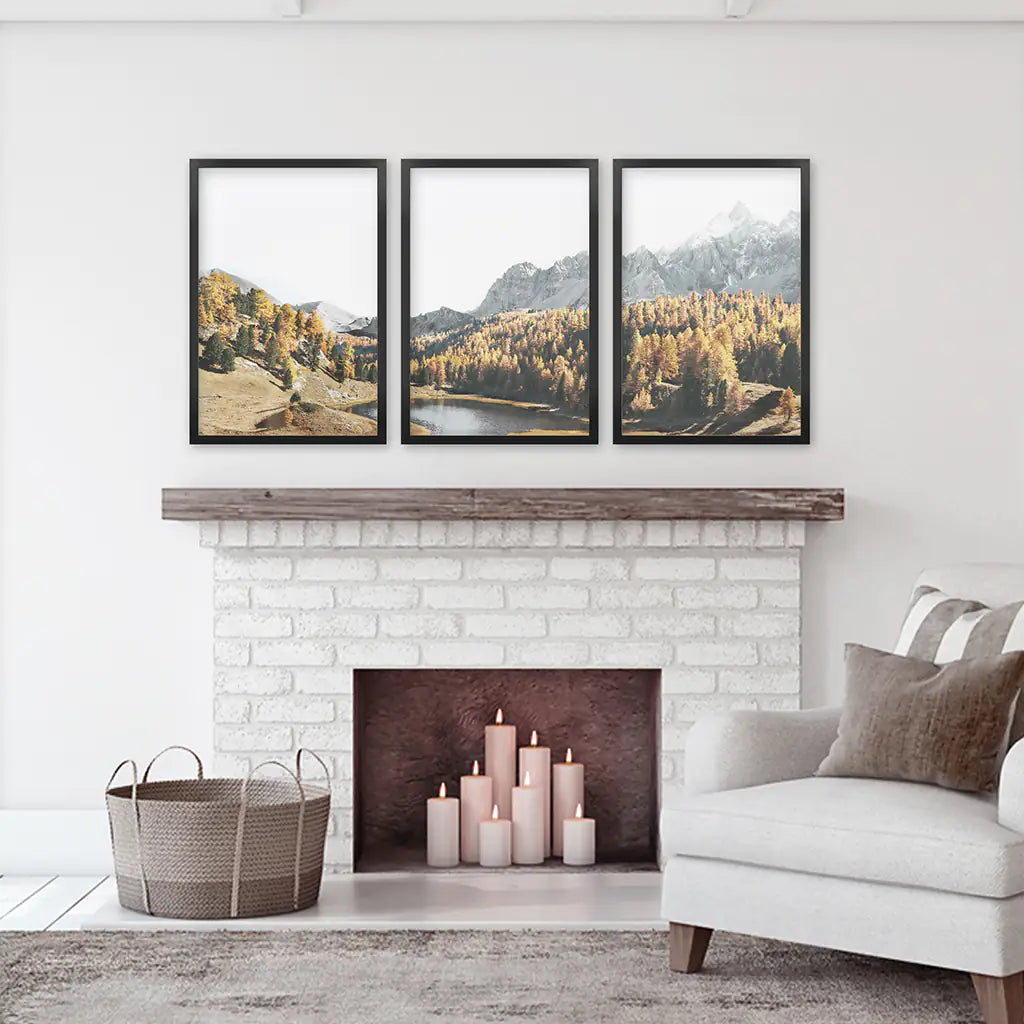 Mountain Lake Set of 3. Alpine Landscape, Autumn Forest, Peaks