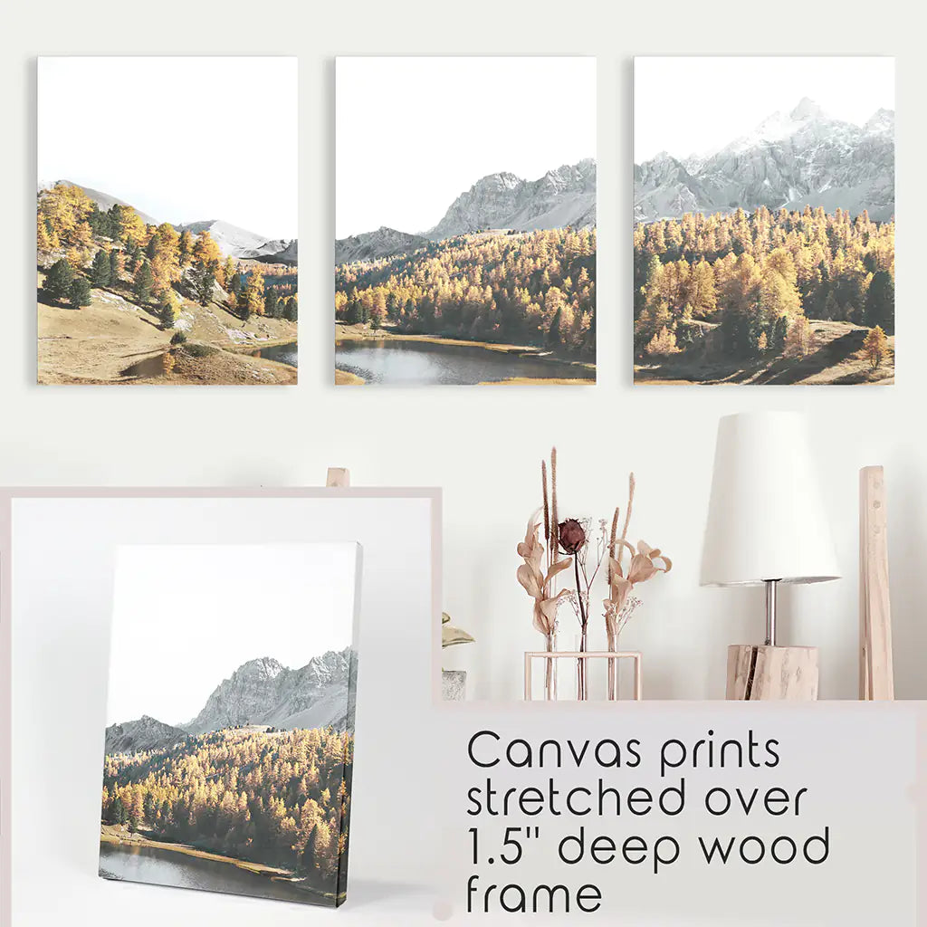 Mountain Lake Set of 3. Alpine Landscape, Autumn Forest, Peaks