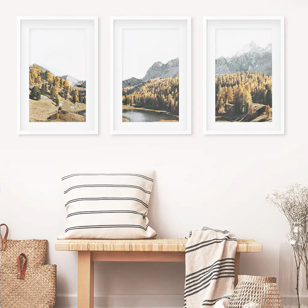 Mountain Lake Set of 3. Alpine Landscape, Autumn Forest, Peaks