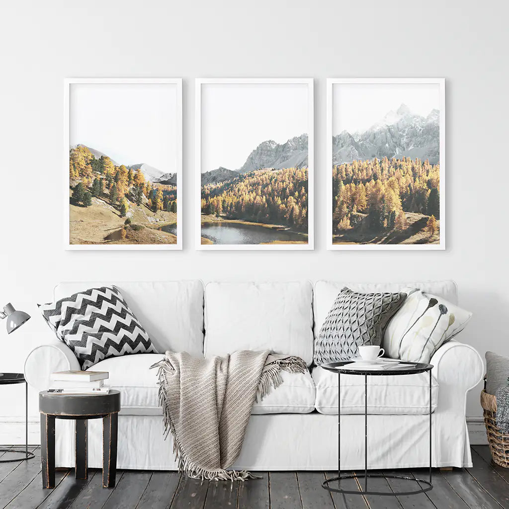 Mountain Lake Set of 3. Alpine Landscape, Autumn Forest, Peaks