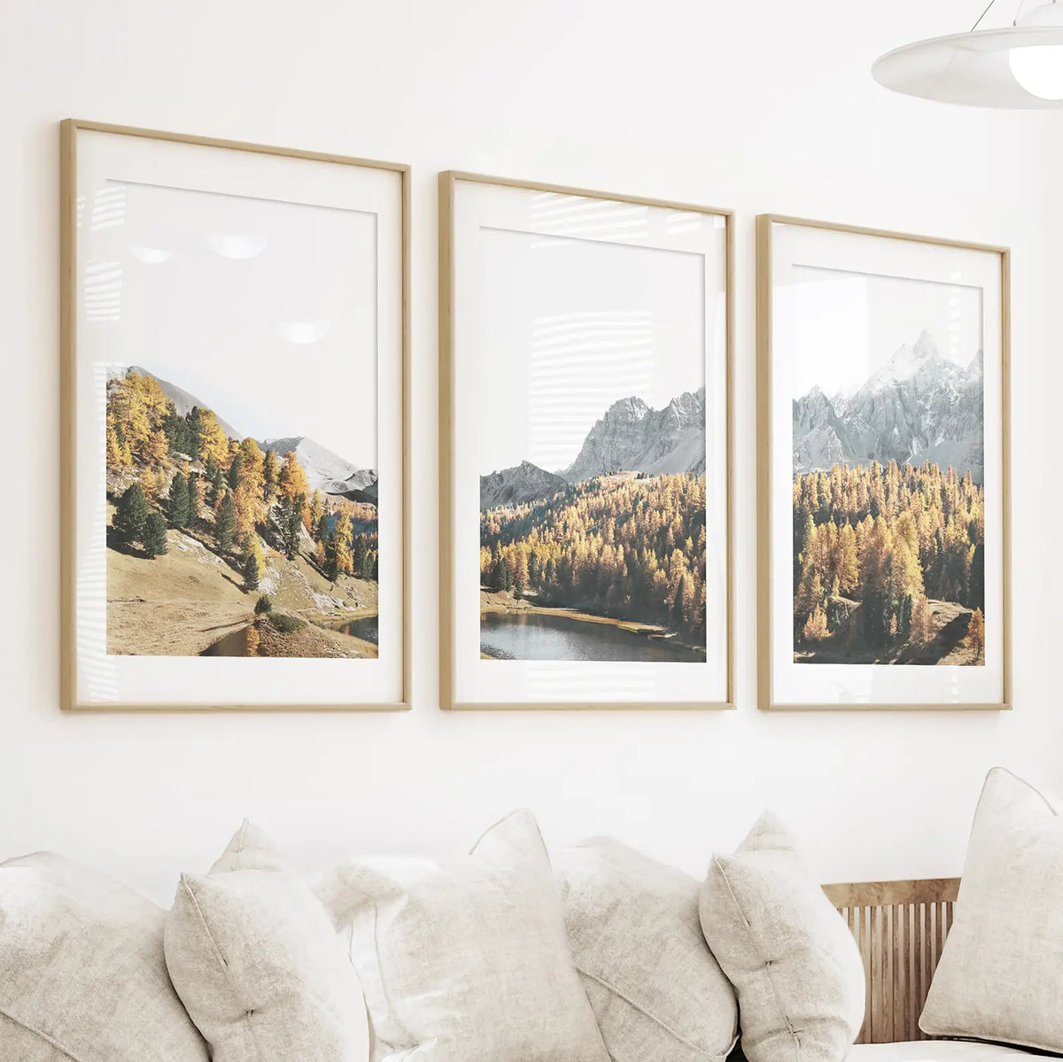 Mountain Lake Set of 3. Alpine Landscape, Autumn Forest, Peaks