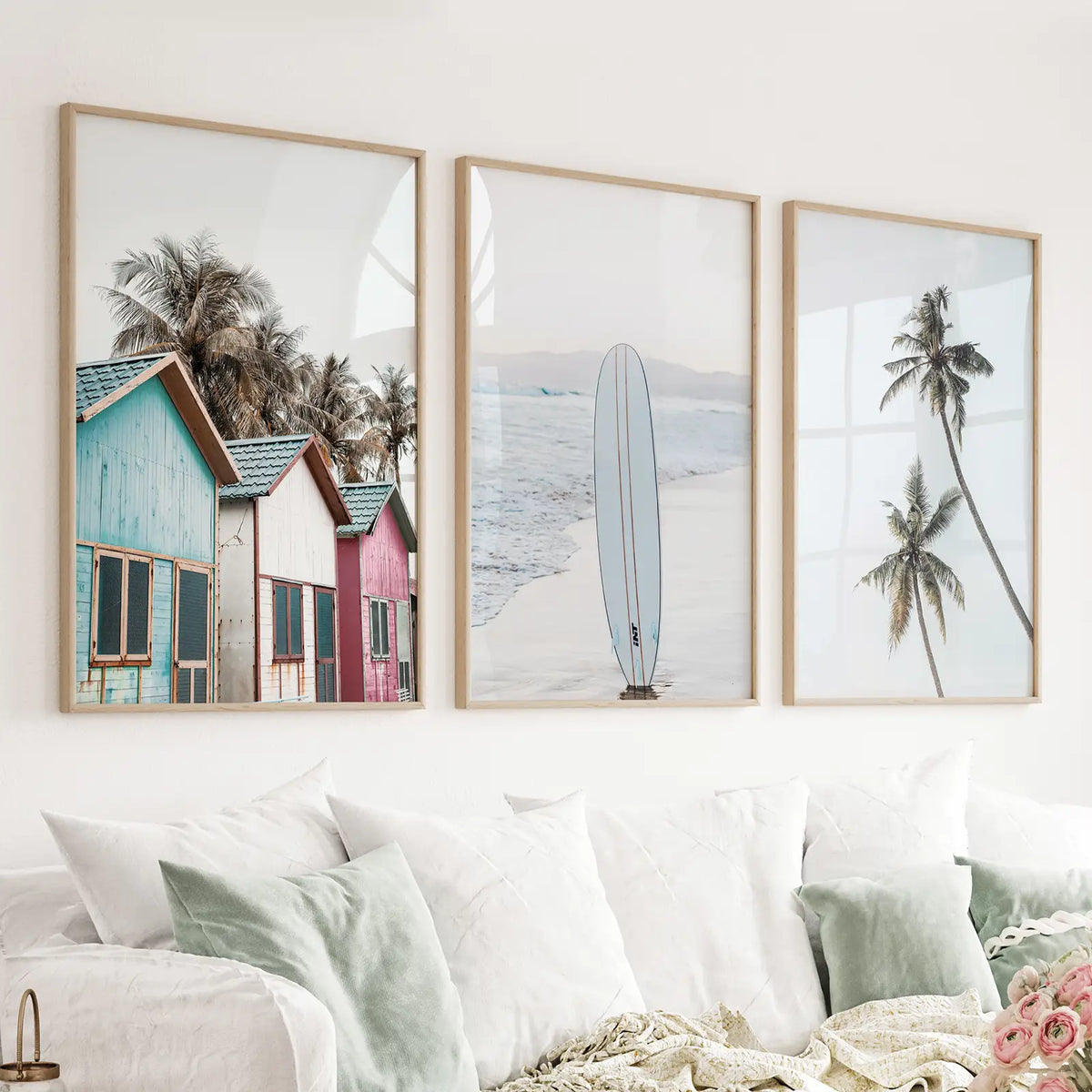 Coastal Beach Set of 3. Surfboard, Palm Trees, Colorful Beach Huts
