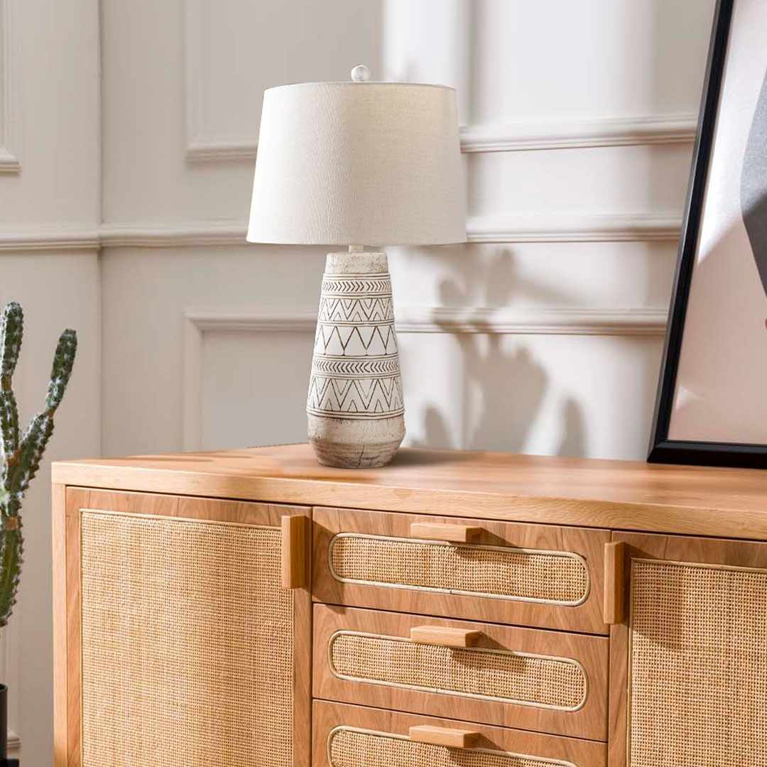 Camaligan Tan and Cream Resin Table Lamp with Linen Shade